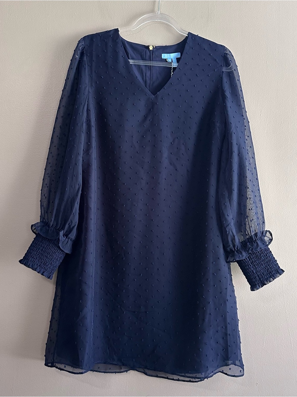 Draper James Navy Blue Swiss Dot Longsleeve Smocked Cuff Dress Womens Medium